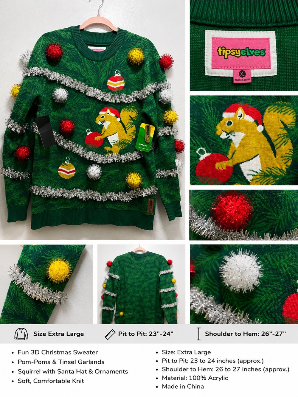 Tipsy Elves Green 3D Squirrel Christmas Sweater with Pom-Pom’s